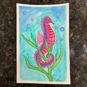 Hand painted watercolor original painting sea horse 6x9”